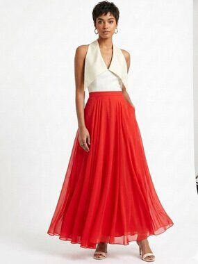 Vintage MCM 60s Ivory Satin Halter Red Chiffon Maxi Dress Small